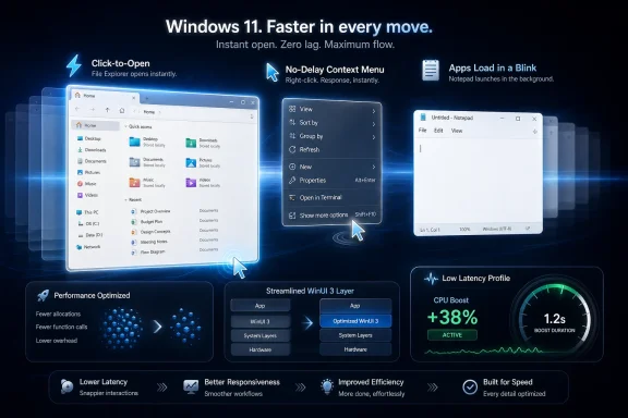 Futuristic Windows 11 promo graphic showing faster performance and instant app/File Explorer actions.