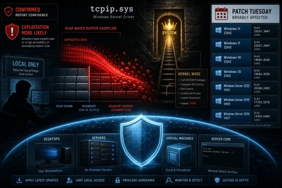 Infographic warns about tcpiP.sys Windows kernel driver heap buffer overflow and Patch Tuesday impact.