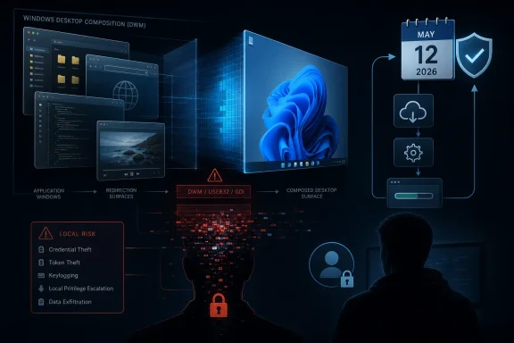 Cybersecurity diagram showing Windows DWM surface composition, a May 12, 2026 calendar, and local risk alerts.