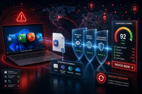 Cybersecurity alert graphic showing protected attack shield, confidence score 92/100, and “Patch Now” with restart required.