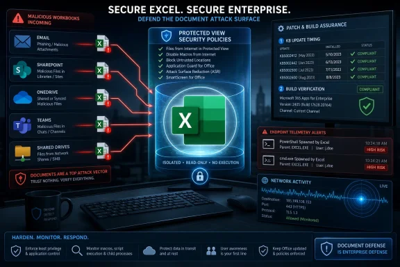 Cybersecurity dashboard showing secure Excel document defense against malicious incoming workbook attacks.