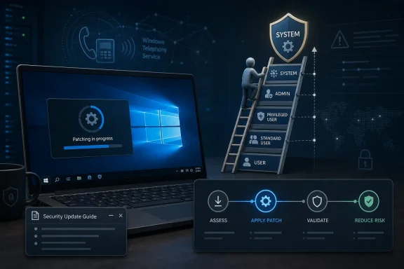 Laptop shows “Patching in progress” while a security ladder and patch workflow icons depict system updates.