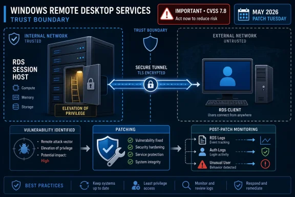 Infographic showing Windows RDS trust boundary, secure tunneling (TLS encrypted), and patching with post-patch monitoring.