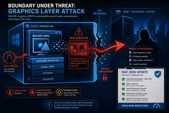 Cybersecurity infographic showing a Win32K graphics layer heap overflow threatening a VM boundary and host, with May 2026 patch advice.