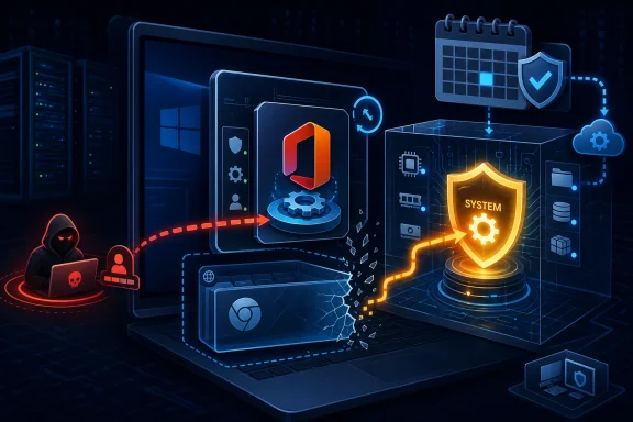 Cybersecurity concept illustration with shield protection, system alert, and data flow around servers and clouds.