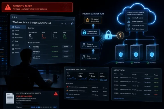 Cybersecurity dashboard shows a red security alert for privilege escalation vulnerability in Windows Admin Center.