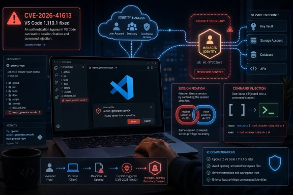 Cybersecurity warning infographic showing a VS Code authentication bypass (CVE-2026-41613) with session fixation and command injection.