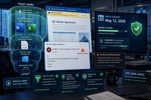 Cybersecurity dashboard shows protected document view and spoofing alert alongside trust layers in an office.