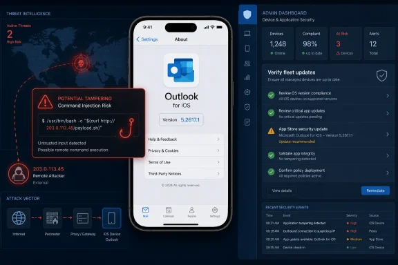 Cybersecurity dashboard showing “Potential Tampering” command injection risk for Outlook on iOS.