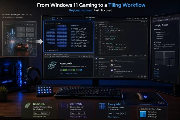 A desktop with multiple windows shows the Komorebi tiling workflow transitioning from gaming to keyboard-driven tasks.