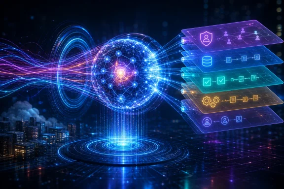 Futuristic AI network visualization with glowing globe and translucent data UI over a cityscape at night.