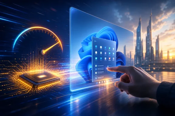 Hand tapping a holographic Windows-style dashboard beside a glowing chip and city skyline at dusk.