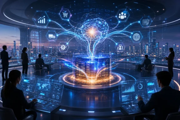 Futuristic control room with executives viewing glowing AI digital icons above a city skyline.