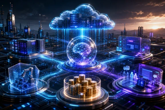 Futuristic data center skyline with glowing cloud server, AI globe, and digital finance icons over a night city.
