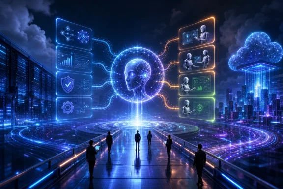 Futuristic AI data hub with glowing holograms of robots, networks, and analytics over a neon city skyline.