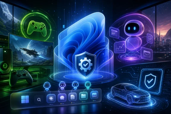 Futuristic gaming setup with glowing shield icon, AI robots, and cyber security interface.