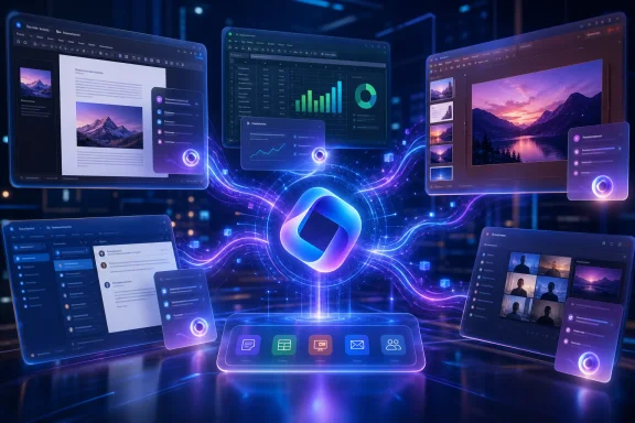 Neon dashboard screens surround a central blockchain icon, suggesting secure data analytics and digital innovation.