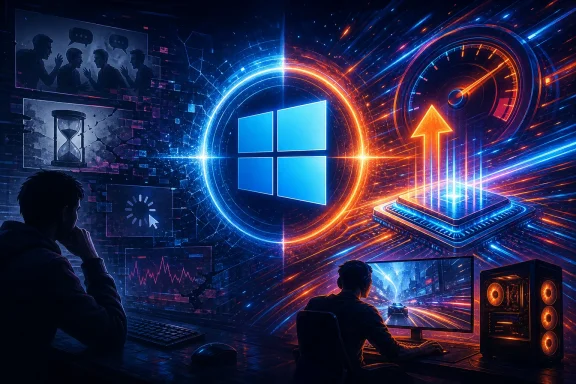 Futuristic gamers watch a glowing Windows icon as neon data streams and a speed-arrow circuit surge.