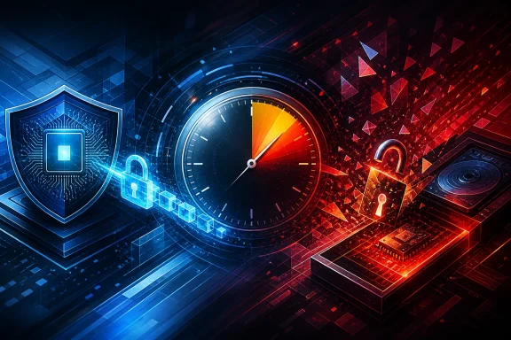 Digital cybersecurity scene with a glowing lock and warning symbols split by a high-tech compass clock.