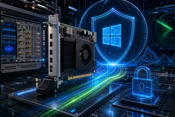 A graphics card in a server room with glowing holographic security and a blue lock icon.