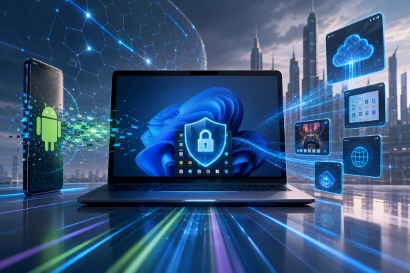 Glowing laptop screen with cloud and lock icons amid digital city tech interfaces.