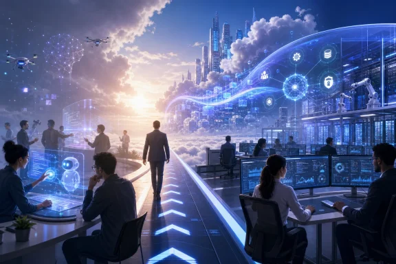 Tech office with analysts and holographic AI/network interface overlooking a futuristic city skyline.