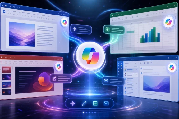Futuristic multi-window software dashboard with charts, documents, and glowing icons on a neon UI backdrop.