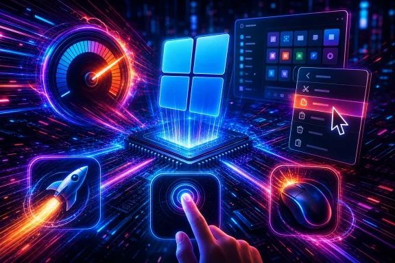 Futuristic neon interface with glowing icons, radar dial, and fingertip control amid fast digital light trails.