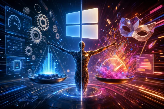 Futuristic balance scales weigh data and a glowing cat-like polygon figure amid neon tech streams.