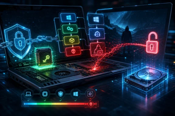 Futuristic laptop shows cybersecurity icons—locks, hacking alerts, and encrypted data—surrounding protected devices.