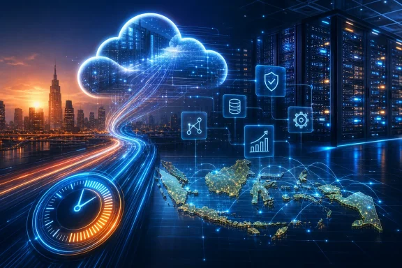 Futuristic data cloud over a city skyline, with glowing network lines, icons, and a world map.
