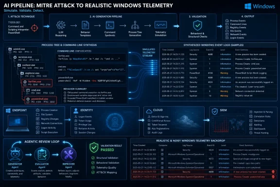 Infographic shows an AI pipeline mapping MITRE ATT&CK to realistic Windows telemetry logs.