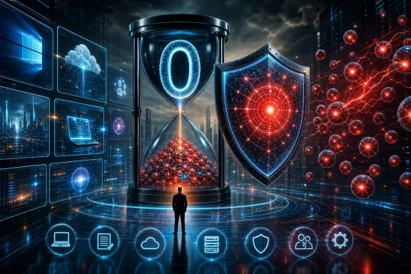 Futuristic data security scene with an hourglass of glowing particles beside blue and red shield icons.