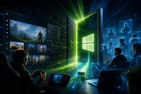 Gamer workstation with glowing Windows portal and futuristic HUD, surrounded by game thumbnails and avatars.