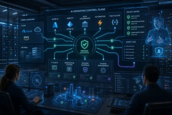 Team monitors an AI operating control plane dashboard with policy gates, audit logs, and cloud security data.