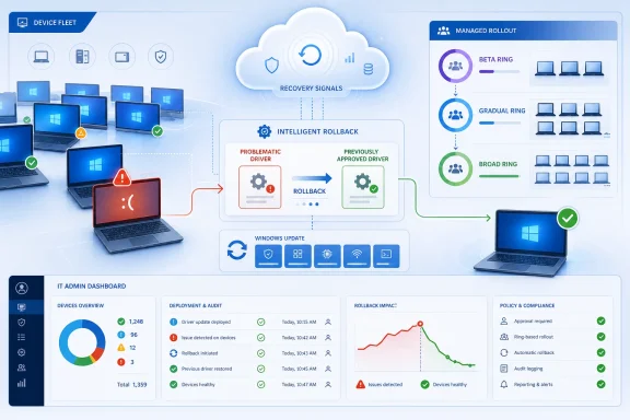 Diagram shows automated Windows driver rollback across managed device fleets with recovery signals and a ringed rollout.