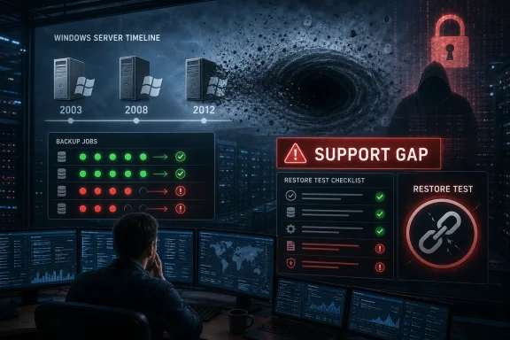 Cybersecurity operations room showing a Windows Server timeline with hacking risk, support gap alerts, and failed restores.