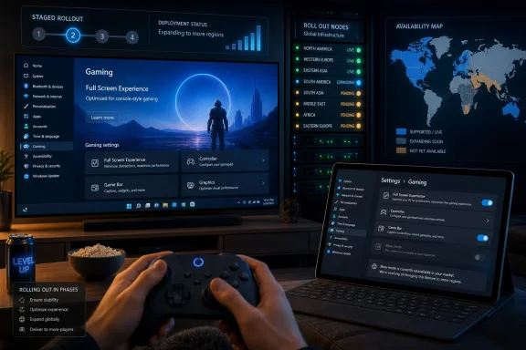 A gamer uses a controller as Windows Gaming rollout dashboards and a global availability map display on monitors.