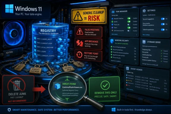 Windows 11 cleanup dashboard graphic showing registry risk warnings, targeted cleanup, and security/storage status.