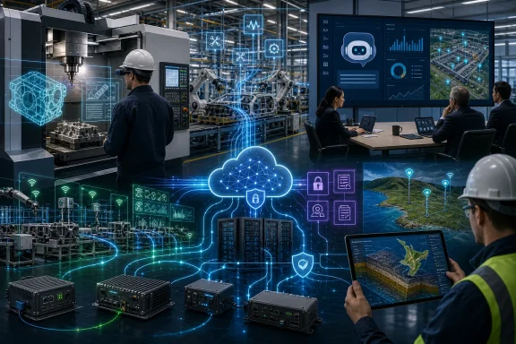 Factory engineers monitor connected smart systems with cloud cybersecurity and network holograms.