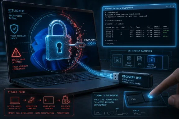 Hacker-themed BitLocker bypass scene shows a recovery USB and Windows Recovery Environment cmd output.