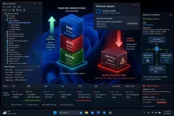 Windows Device Manager and driver update dashboard showing GPU driver stack with optional OEM update and rollback risk.