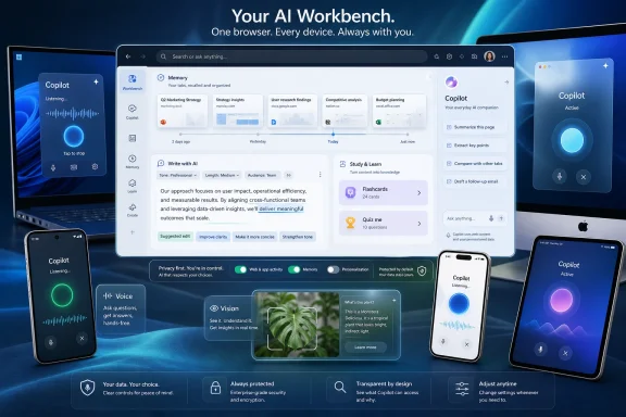 Surreal desktop and mobile screens showcase “Copilot” AI with a shared workspace and privacy controls.