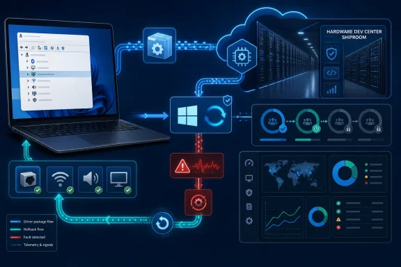 Blue server-room network graphic with laptop, cloud icons, security checks, and system monitoring dashboards.