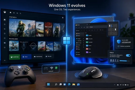 Promotional split-screen image showing Windows 11 evolving with gaming, UI windows, mouse, and game controller.