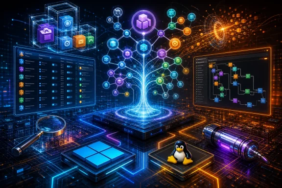 Futuristic server hub with network diagrams, colorful cube icons, and coding panels connected to a glowing tree.