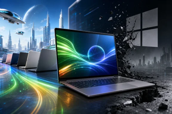 Futuristic laptops line up in a sci‑fi cityscape with data light trails and a shattered screen wall.