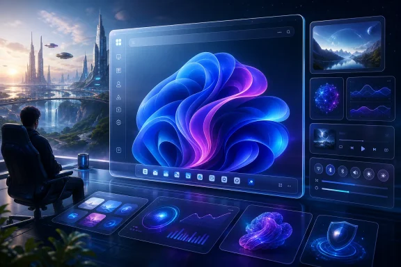 Futuristic workstation monitor shows glowing blue-violet Windows-style interface beside a cityscape and charts.