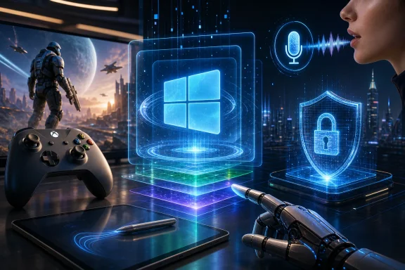 Futuristic gaming setup with a controller, tablet and AR holograms of a Windows icon, microphone and shield.