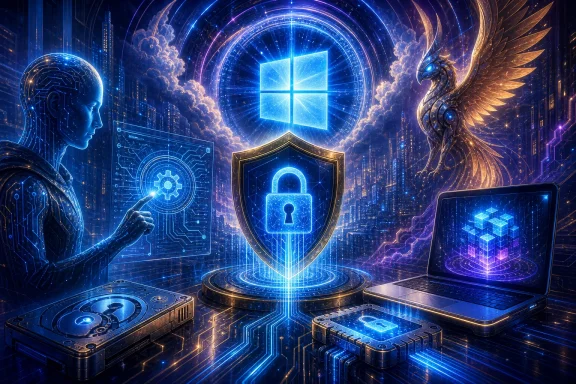 Futuristic cybersecurity scene with a glowing Windows logo, digital shields, and tech icons around robots.